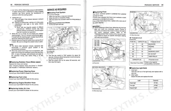 Kubota BX1870D, BX2370D, BX2670D periodic service: fuel system bleeding, fuse replacement, and light bulb specs.