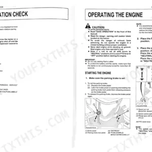 Kubota BX1870D, BX2370D, BX2670D pre-operation check, engine starting procedures, and brake pedal control diagrams.