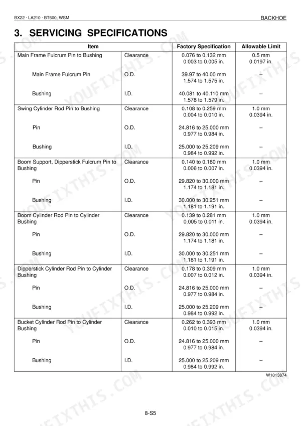 Kubota BX22, LA210, BT600 backhoe servicing specifications table for pin and bushing clearances and dimensions.