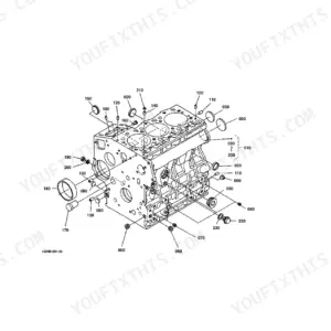 Kubota BX2200D crankcase exploded view diagram showing engine block components, plugs, and seals with reference numbers.
