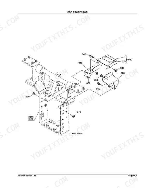 Kubota BX2230D exploded view diagram of the PTO protector assembly, including brackets, bolts, and nuts.