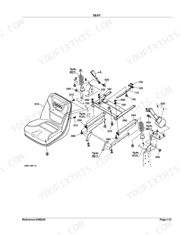 Kubota BX2230D exploded view diagram of the operator seat assembly, including seat, springs, and mounting brackets.