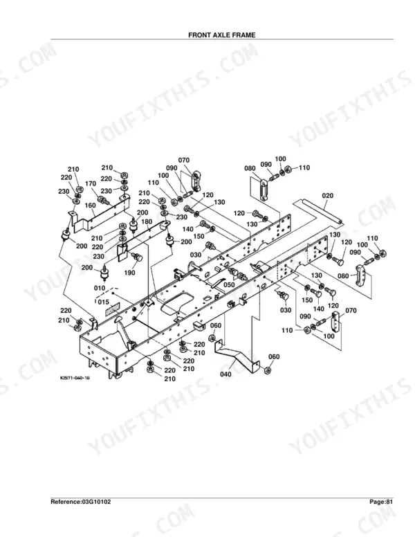 Kubota BX2230D exploded view diagram of the front axle frame assembly, showing mounting brackets, bolts, and hardware.