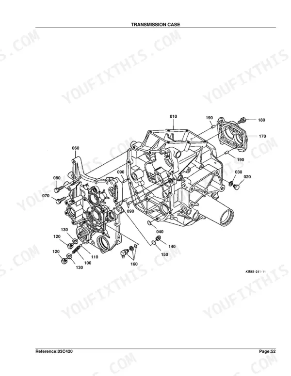 Kubota BX2230D exploded view diagram of the transmission case assembly with numbered component parts.
