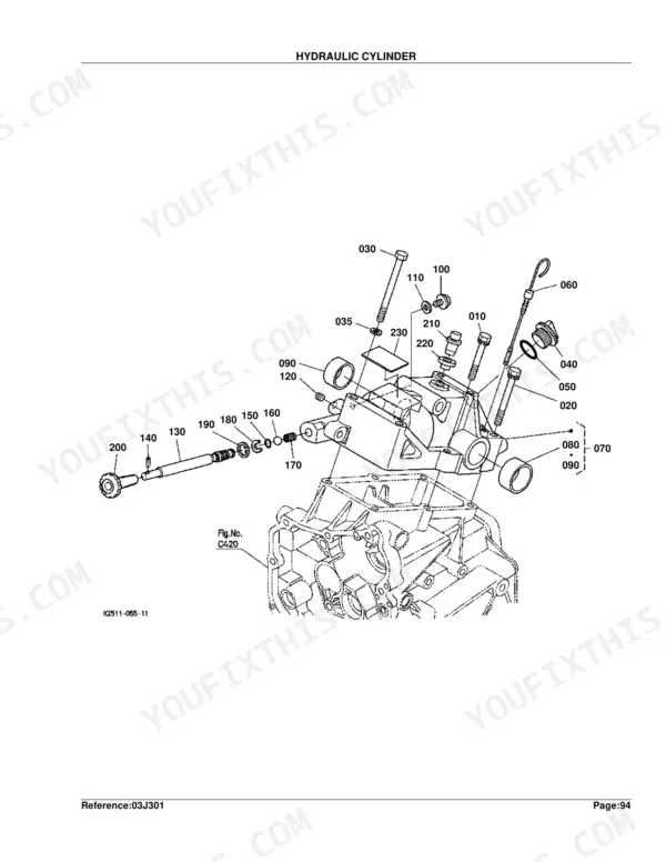 Kubota BX2230D exploded view diagram of the hydraulic cylinder assembly and internal components.