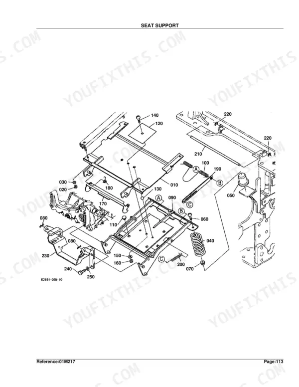 Kubota BX22D exploded view diagram of the seat support assembly, showing springs, brackets, and mounting hardware.