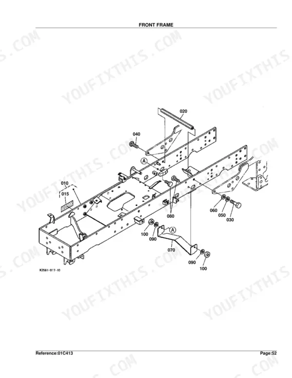 Kubota BX22D exploded view diagram of the front frame assembly, showing mounting brackets, bolts, nuts, and washers.