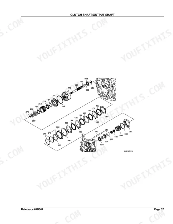 Kubota BX22D exploded view diagram of the clutch shaft and output shaft assembly with numbered component parts.