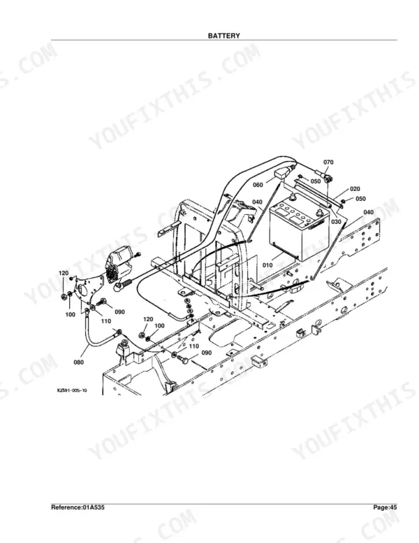 Kubota BX22D exploded view diagram of battery, starter motor, and electrical cable mounting components.