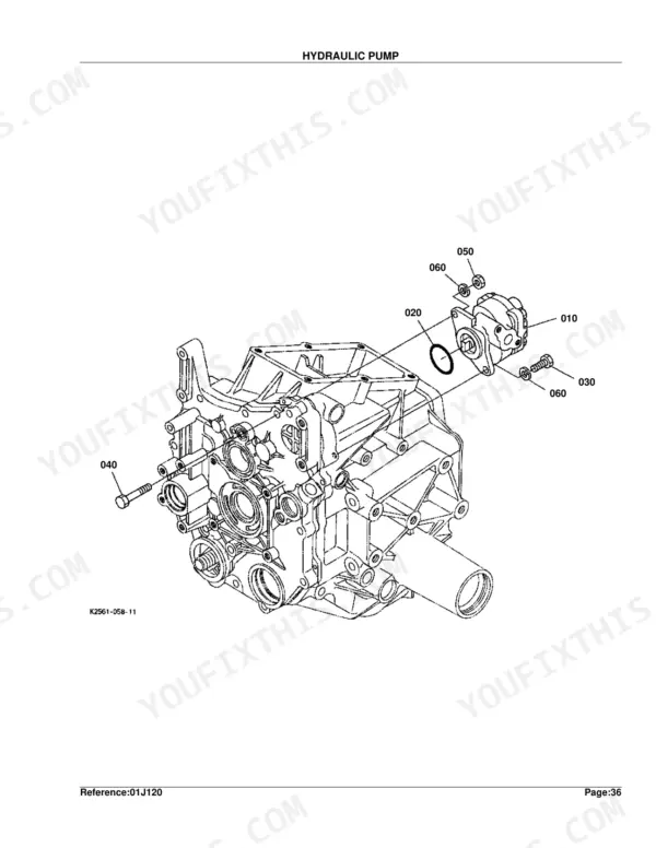 Kubota BX22D exploded view diagram of the hydraulic pump assembly and mounting components.