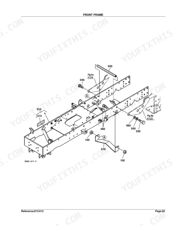 Kubota BX23D exploded view diagram of the front frame assembly, showing mounting brackets, bolts, and hardware components.