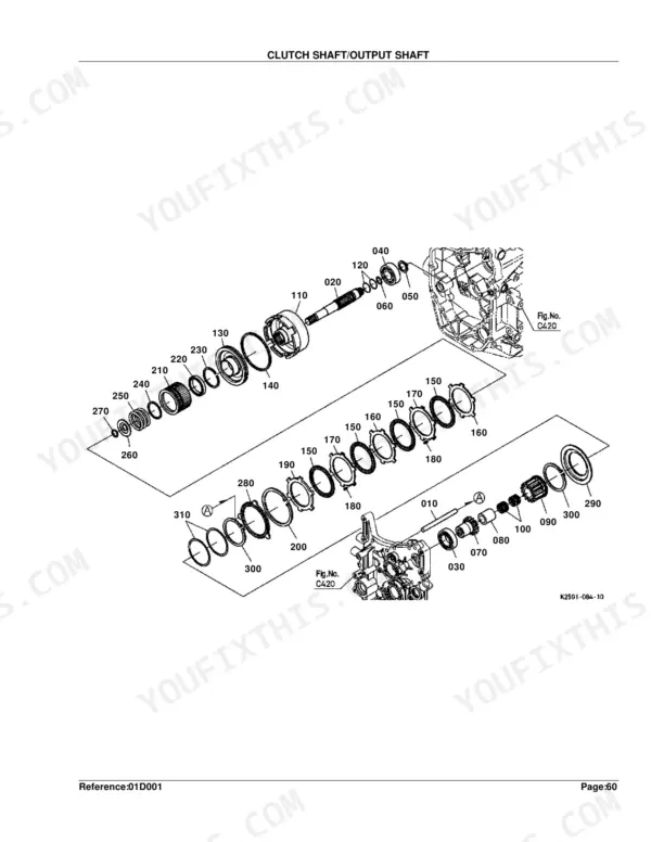 Kubota BX23D exploded view diagram of the clutch shaft and output shaft assembly with numbered component parts.