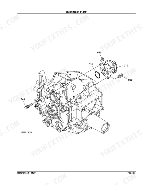 Kubota BX23D exploded view diagram of the hydraulic pump assembly, including O-ring, bolts, and mounting components.