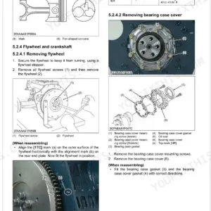 Kubota BX23S-AU, LA340AU, BT603, RCK54D, RCK60D, RCK54, RCK60B engine flywheel and bearing case cover removal procedures.