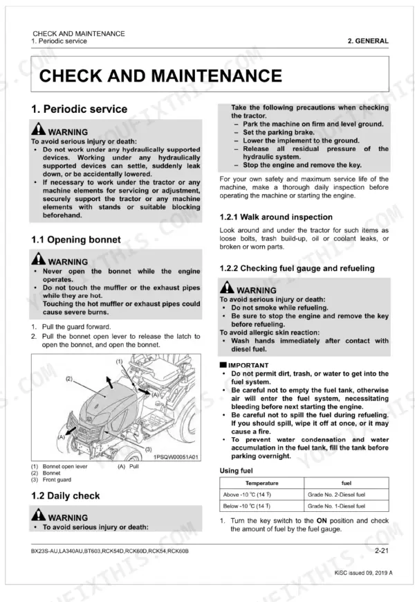 Kubota BX23S-AU, LA340AU, BT603, RCK54D, RCK60D, RCK54, RCK60B maintenance: bonnet opening procedure and fuel type table.