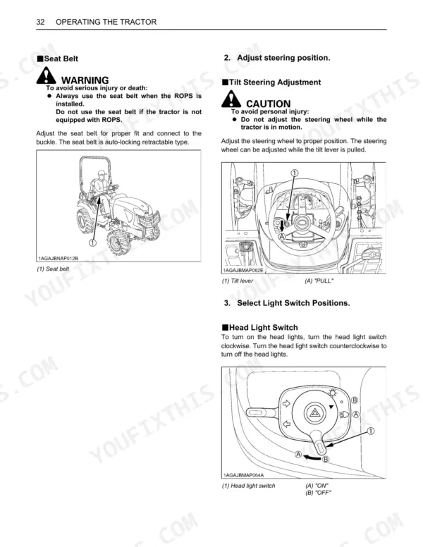 Kubota BX23S, LA340, LA340S, BT603 operating instructions for seat belt, tilt steering adjustment, and head light switch.
