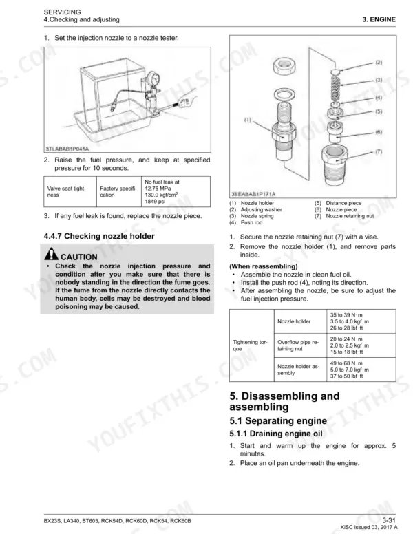 Kubota BX23S, LA340, BT603, RCK54D, RCK60D, RCK54, RCK60B engine injection nozzle testing, disassembly, and torque specs.