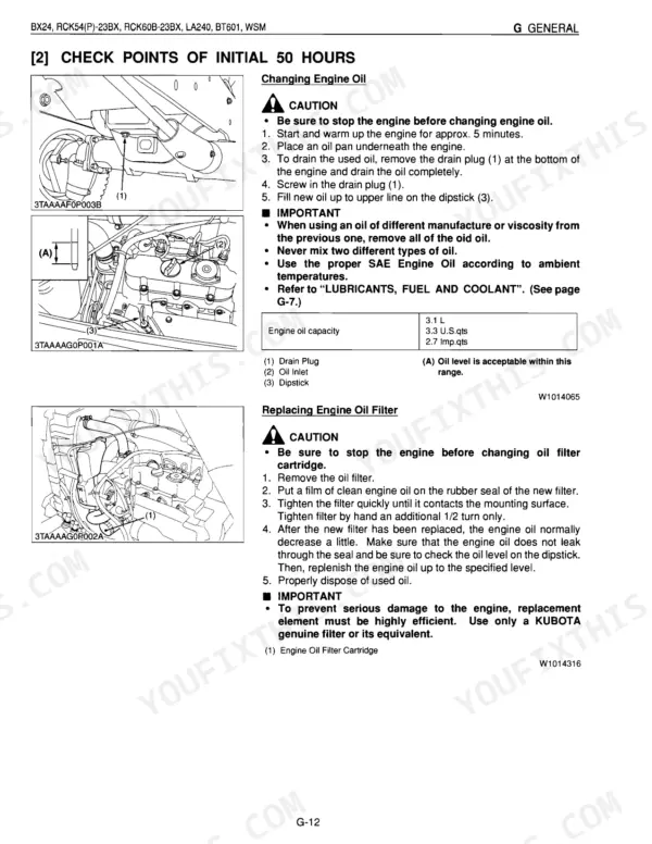 Kubota BX24, RCK54(P)-23BX, RCK60B-23BX, LA240, BT601 service manual: engine oil and filter change procedures and capacity.