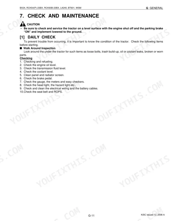 Kubota BX24, LA240, BT601, RCK54, RCK54P, RCK60B daily check and maintenance procedure list for tractor inspection.