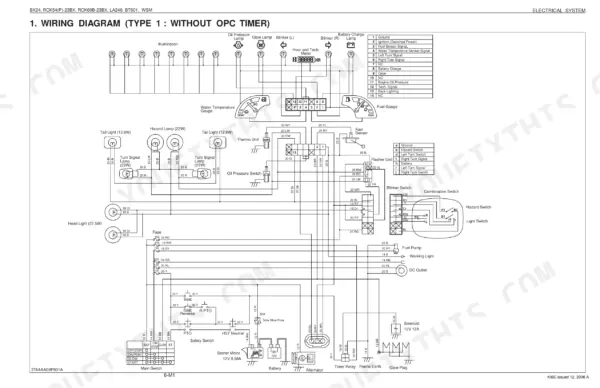 Kubota BX24, LA240, BT601, RCK54, RCK54P, RCK60B wiring diagram for electrical system without OPC timer.
