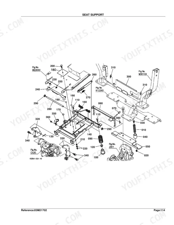 Kubota BX24D exploded view diagram of the seat support assembly, showing springs, brackets, and mounting hardware.