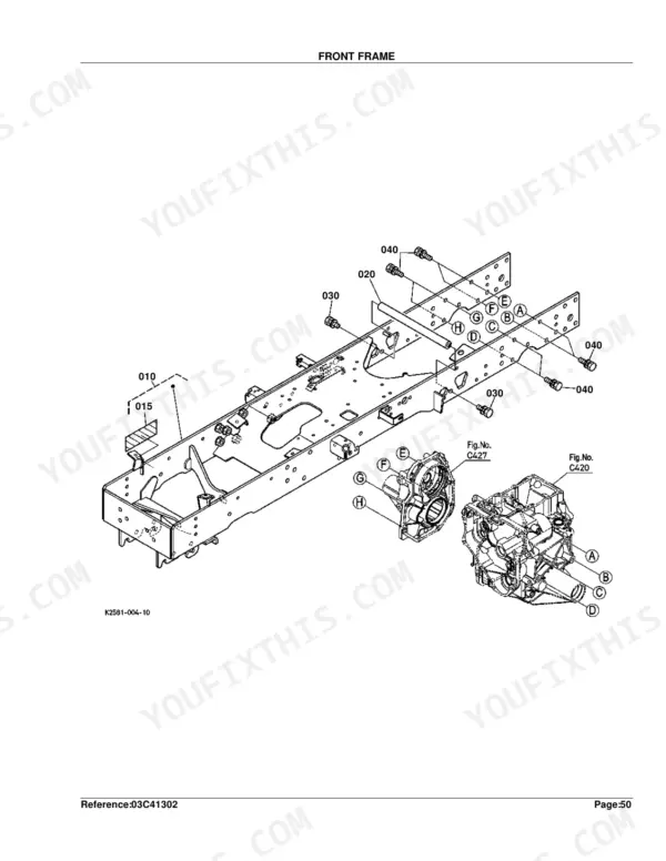 Kubota BX24D exploded view diagram of the front frame assembly, including transmission case mounting points and hardware.