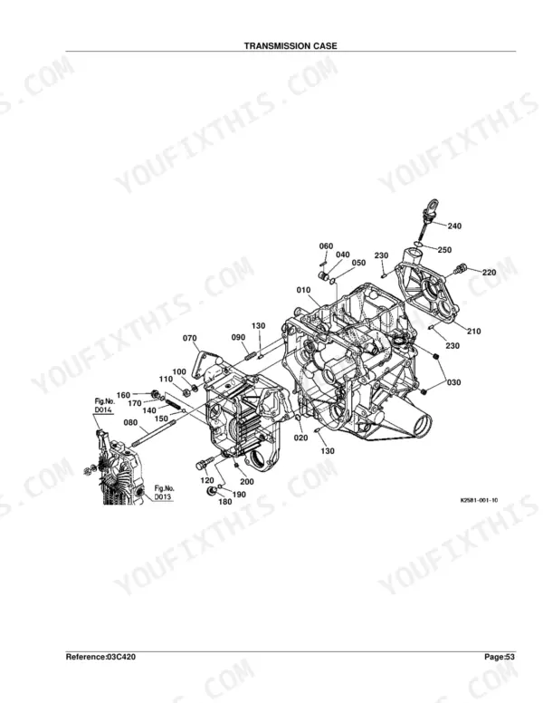 Kubota BX24D exploded view diagram of the transmission case assembly with numbered components and oil dipstick.