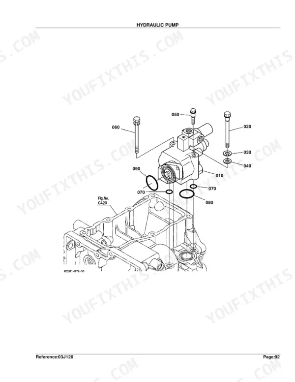 Kubota BX24D exploded view diagram of the hydraulic pump assembly, showing mounting bolts, O-rings, and pump housing.