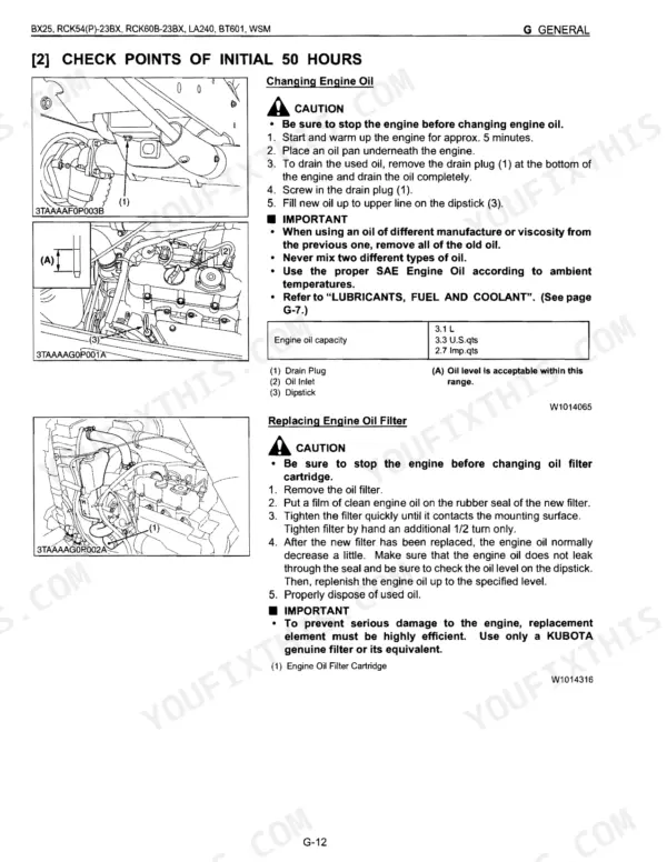 Kubota BX25, RCK54(P)-23BX, RCK60B-23BX, LA240, BT601: 50-hour engine oil and filter change procedures and capacity table.