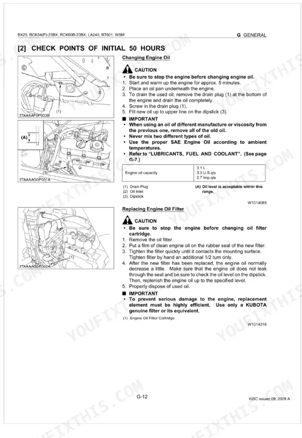 Kubota BX25, LA240, BT601, RCK54, RCK54P, RCK60B manual: 50-hour engine oil and filter change procedures and capacity table.