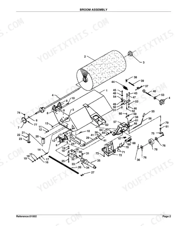 Kubota BX2537 exploded view diagram of the broom assembly, showing brush, drive chain, housing, and mounting components.