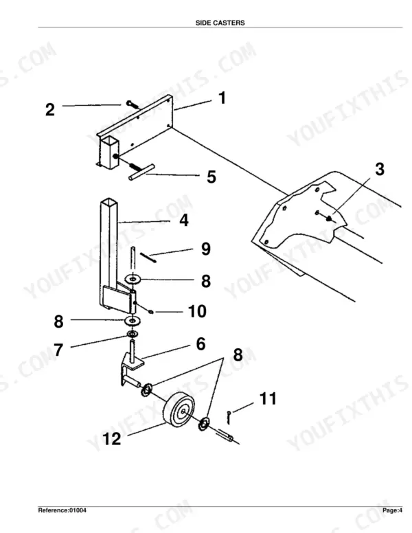 Kubota BX2537 exploded view diagram of side caster assembly, showing wheel, bracket, and mounting hardware components.