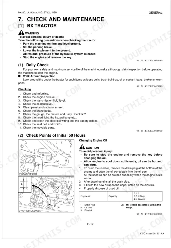 Kubota BX25DLB-AU, LA240A AU-SG, BT602 daily check procedures, engine oil change steps, and oil capacity specifications.