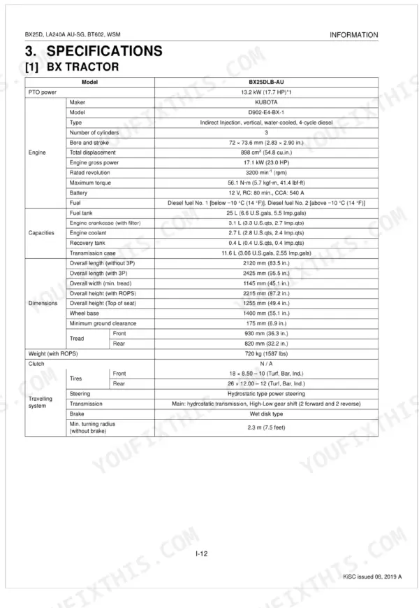 Kubota BX25DLB-AU, LA240A AU-SG, BT602 technical specifications table for engine, capacities, dimensions, and travel system.