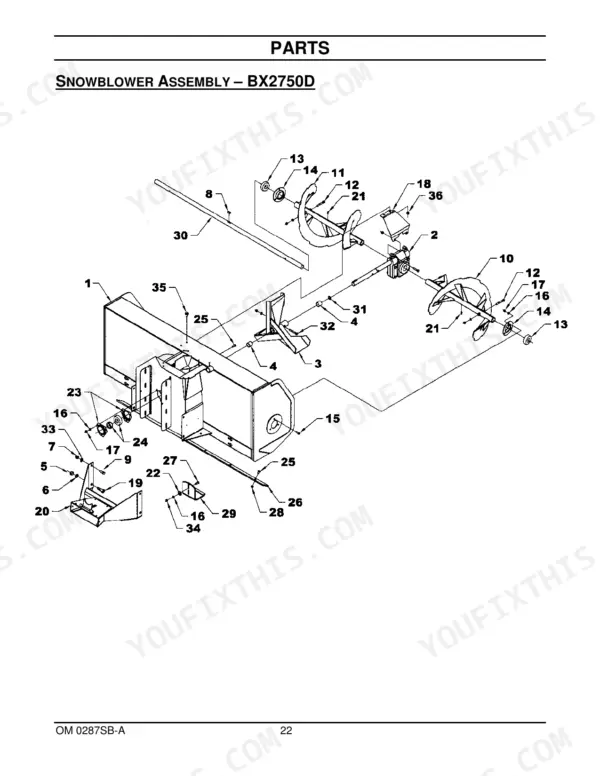 Kubota BX2750D snowblower assembly exploded view with 36 numbered parts