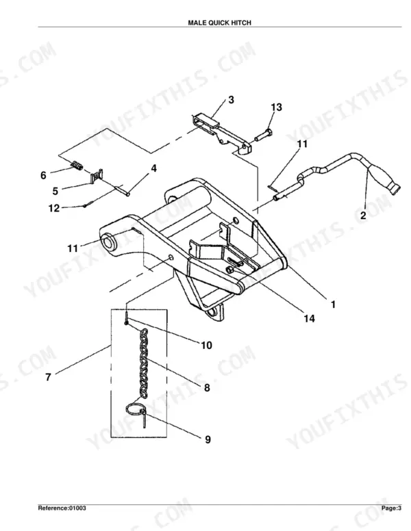 Kubota BX2751 exploded view diagram of the male quick hitch assembly showing handle, latch, spring, and chain components.