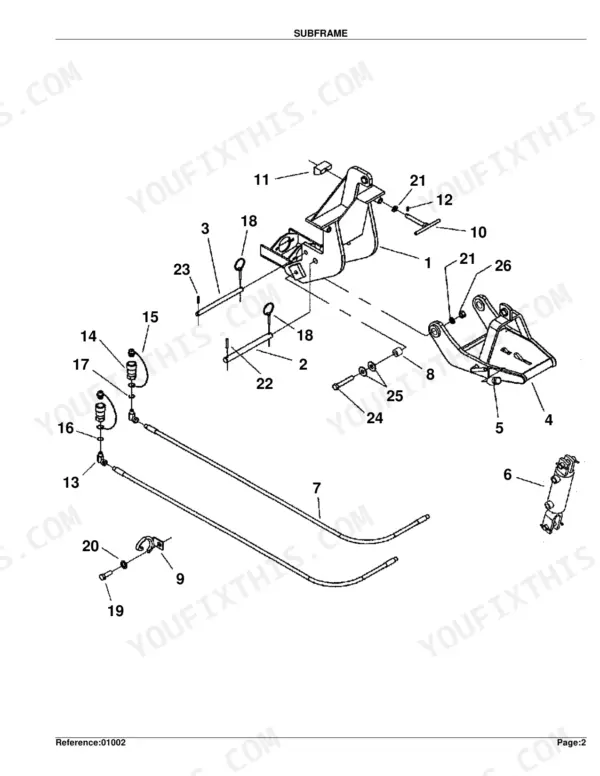 Kubota BX2751 exploded view diagram of the subframe assembly, including mounting pins, hydraulic hoses, and fittings.