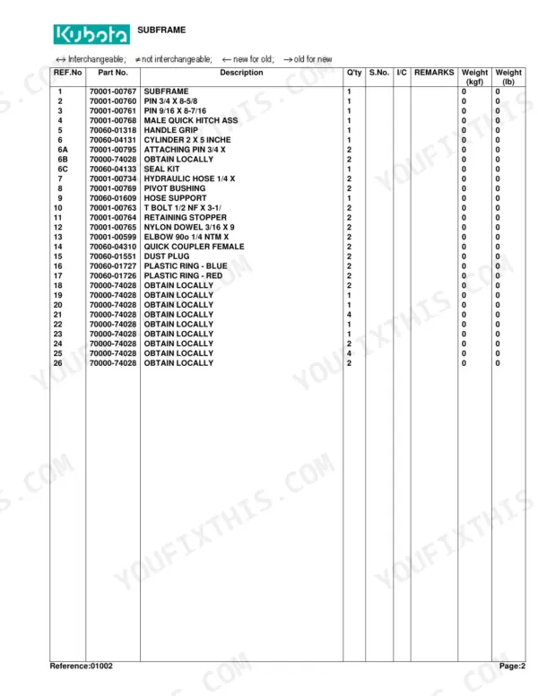 Kubota BX2751 subframe parts list table with reference numbers, part descriptions, and quantities.