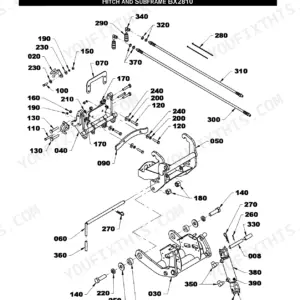 Kubota BX2810, BX2811 exploded view diagram of the hitch and subframe assembly with numbered parts list.