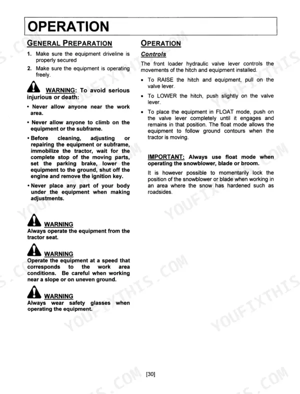 Kubota BX2810, BX2811 operation manual page covering general preparation, safety warnings, and hydraulic valve lever controls.