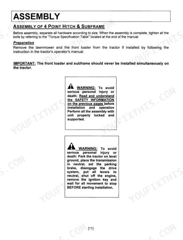 Kubota BX2810, BX2811 4-point hitch and subframe assembly preparation and safety warning procedures.