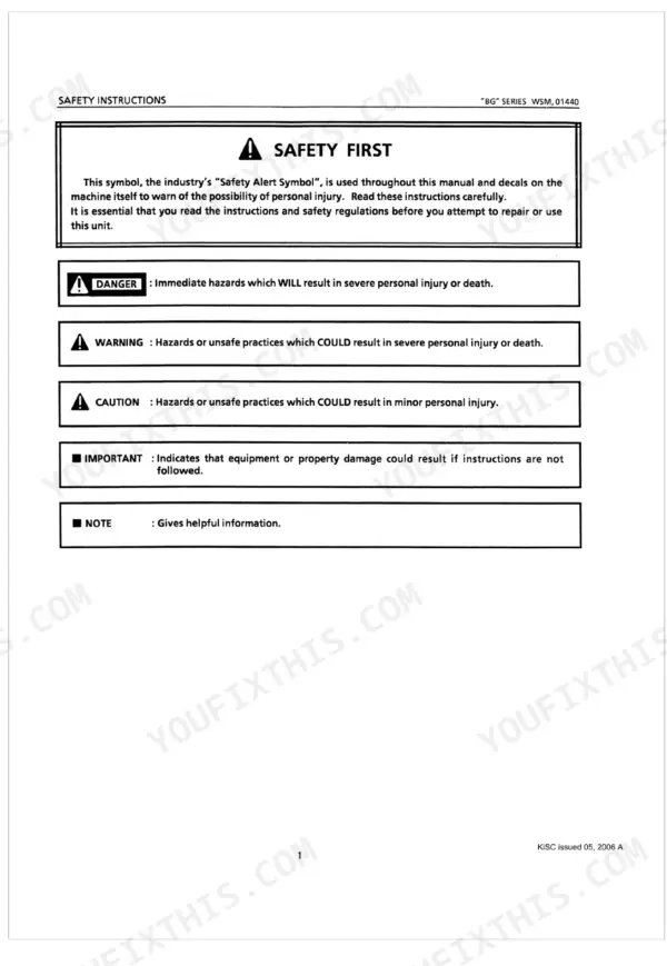 Kubota D1005-BG to V4702-BG workshop manual safety instructions page defining danger, warning, caution, and note symbols.