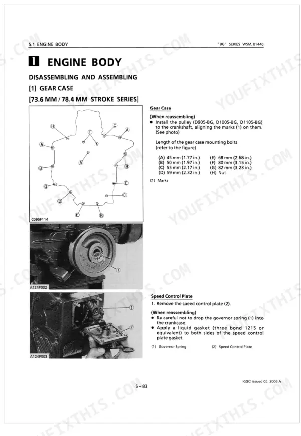Kubota D1005-BG, D1105-BG, D1403-BG, D1703-BG, D3502-BG, D905-BG, F2803-BG, V1205-BG, V1305-BG, V1505-BG, V1903-BG, V2003-T-BG, V2203-BG, V3300-BG, V3300-T-BG, V4702-BG gear case bolt diagram and speed control plate removal procedure.