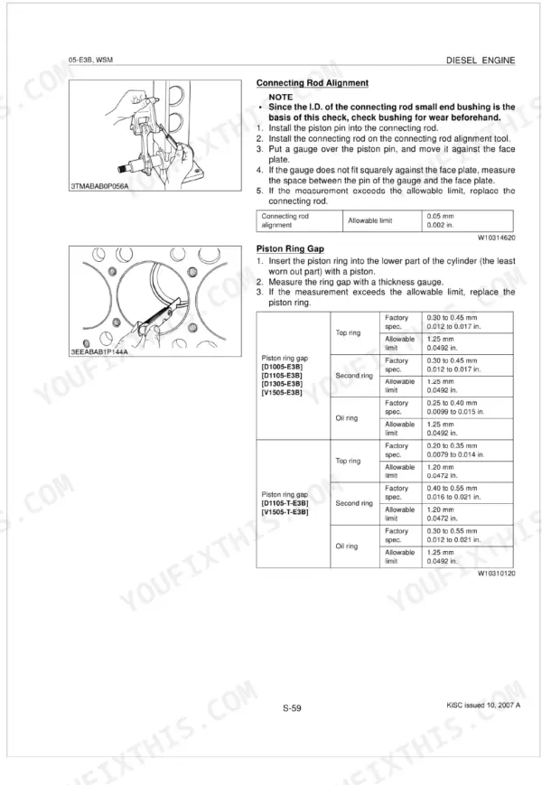 Kubota D1005-E3B D1105-E3B V1505-E3B engine clearances specifications table, page 111