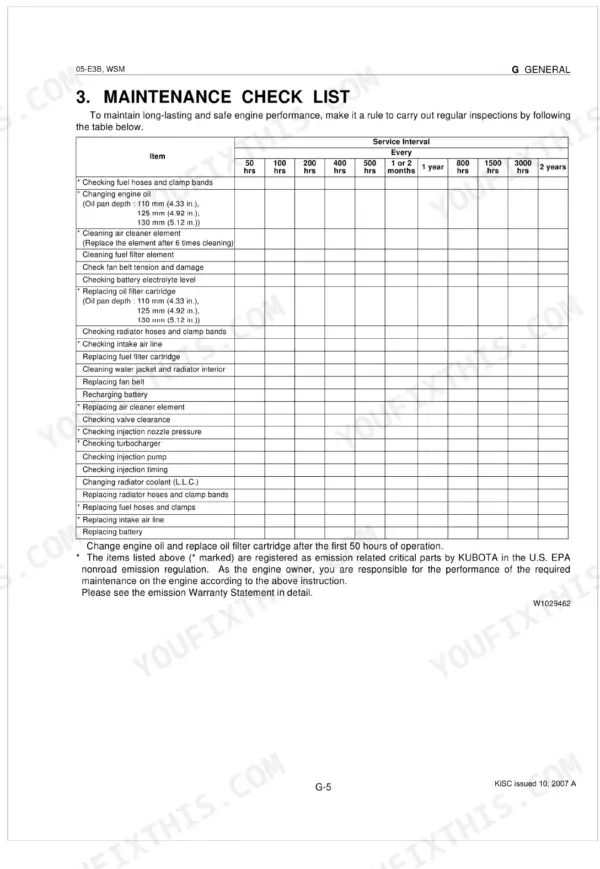 Kubota D1005-E3B D1105-E3B V1505-E3B engine maintenance schedule intervals and service specifications