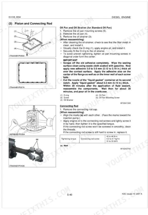 Kubota E3B diesel engine piston connecting rod removal oil pan strainer torque specs 42-46 N·m