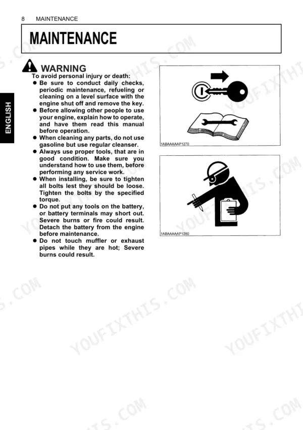 Kubota D1005-E4, D1105-E4, D1305-E4, V1505-E4 maintenance safety warnings, key removal, and manual reference icons.