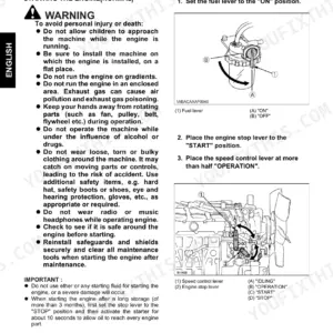 Kubota D1005-E4, D1105-E4, D1305-E4, V1505-E4 engine starting procedure, fuel lever, and speed control lever diagrams.