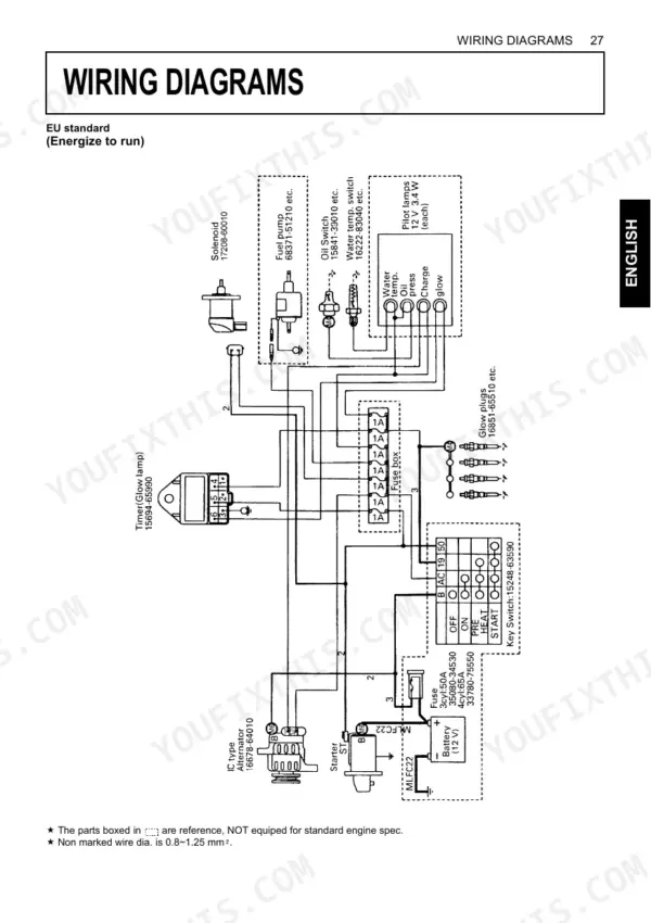 Kubota D1005-E4, D1105-E4, D1305-E4, V1505-E4 wiring diagram for EU standard energize to run engine electrical system.