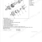 Kubota E4B Series alternator exploded view showing rotor, stator, rectifier, IC regulator, brush holder disassembly steps and pulley nut torque specs